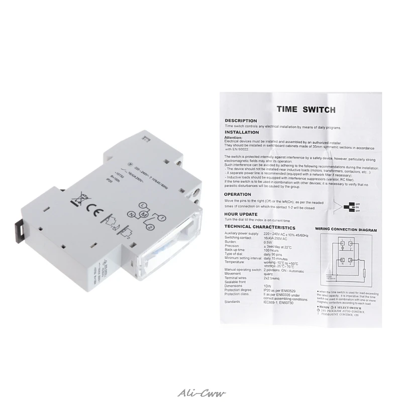 NEW Mechanical 24 Hours Programmable Din Rail Timer Switch Relay 110-240V 16A