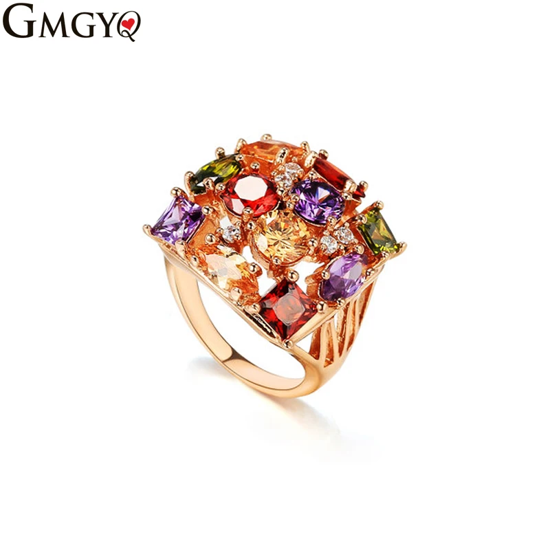 GMGYQ Mona Lisa Ring Rose Gold Kleur voor Vrouwelijke Bruiloft Met Kleurrijke Cubic Zirkoon Bijouterie Graduation Gift