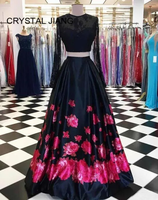 Elegante vestido de noche de manga larga con cuello redondo, hecho A medida, dos piezas, una línea, vestidos de noche largos elegantes