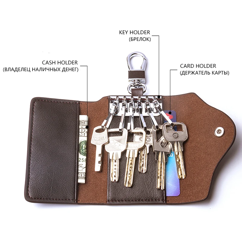 Men\'s Car Keys Wallets Genuine Cowhide Leather Male Key Holder Organizer Housekeeper Keychain Purse Key Ring Bag Keys Case Pouch