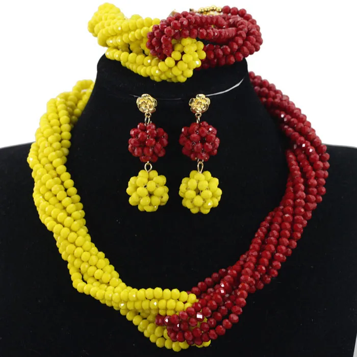 Trendy Nigerian African Bead Jewelry Set Charms Yellow Mix Red Crystal Strands Necklace Bracelet Set Women Free ShippingABH406