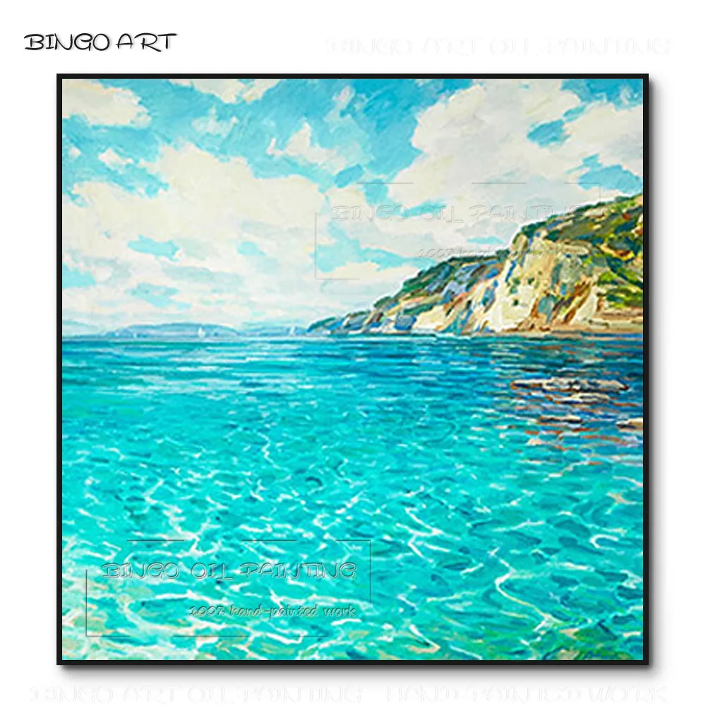 Artist Hand-painted Wonderful Art Blue Sky and Sea Landscape Oil Painting Beauty Landscape Oil Painting for Kitchen Decoration