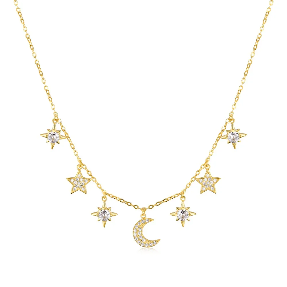 New Fashion Drop Star and Moon Choker Necklace Gold Star Moon Necklace 925 Sterling Silver For Women collar collier ras du cou