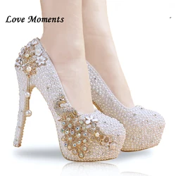 Crystal wedding shoes pearl handmade bridal shoes women's Pumps peacock rhinestone female high heels platform shoes big size