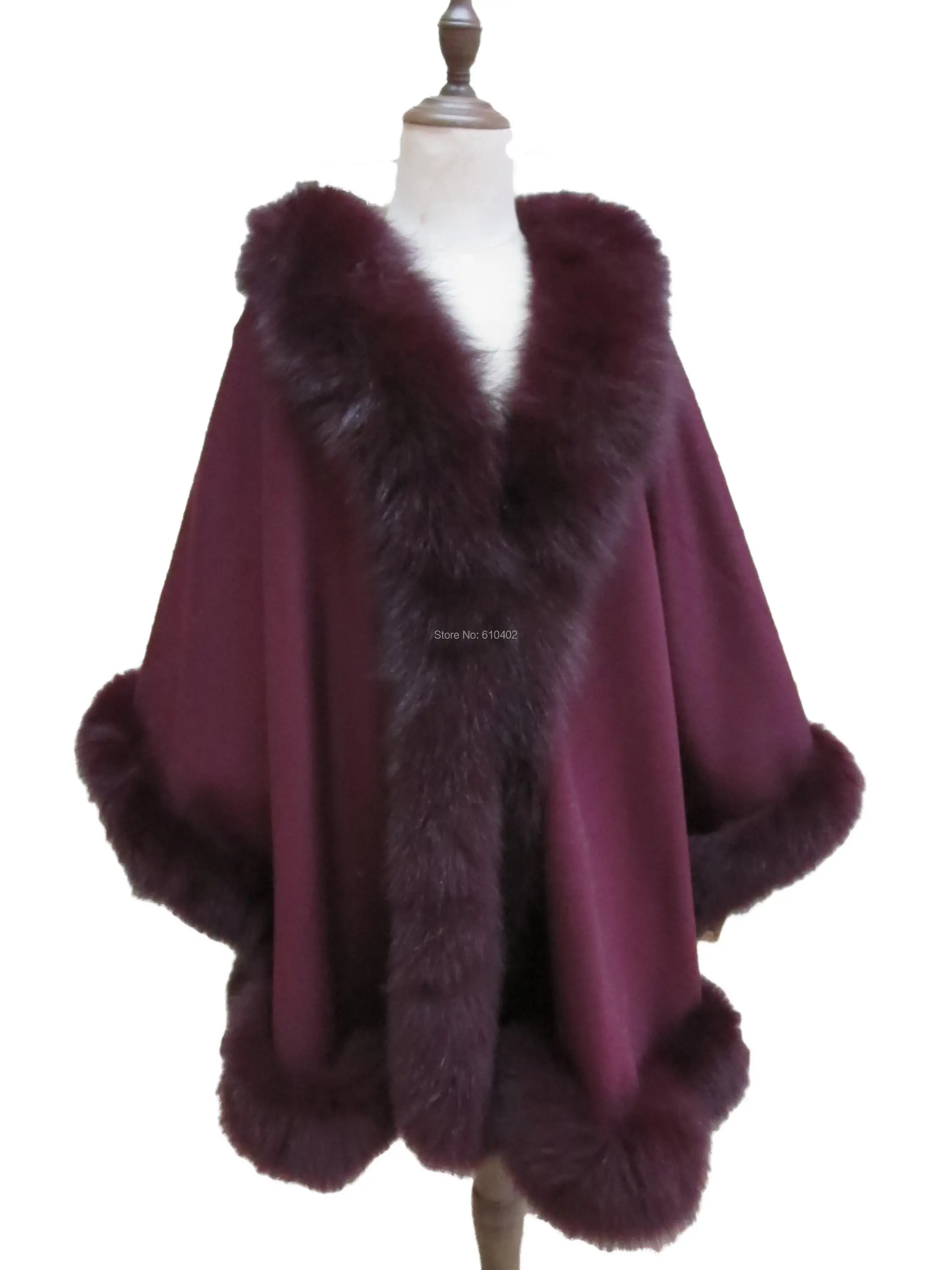 Real Cashmere Cape Coat  Best Fox fur Trim Poncho Oversize Fit all size Wine red