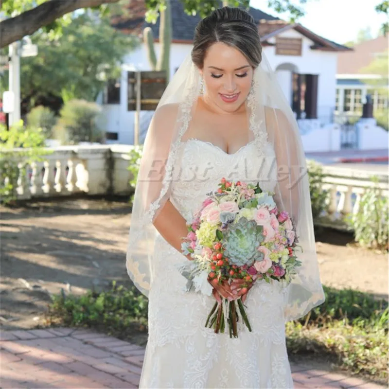 Velo de novia de encaje de una capa, longitud hasta los dedos, blanco, champán, marfil