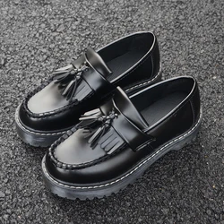 Kawaii Girl Tea Party Martin Shoes Round Patent Leather PU Lovely Loli Low help College Style Tassel Vintage Heavy-Bottomed Wome