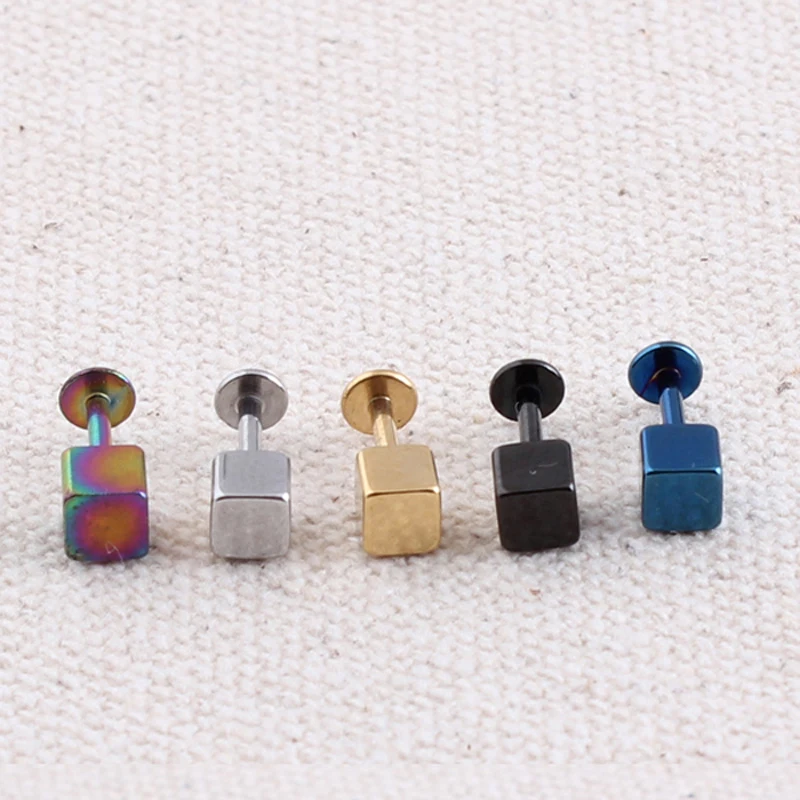 Alisouy 1pc Black Blue Gold Color Stainless Steel Square Cube Labret Lip Rings Nails Ear Stud Earrings Body Piercing Jewelry