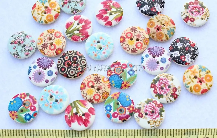 set of 200pcs Multi Colors Buttons natural Wood buttons,colorful, flowers ornament 20mm with white back DIY Free Shipping