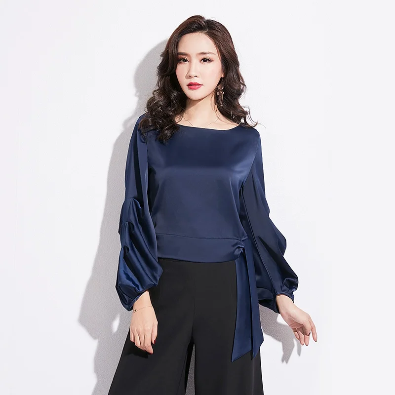 Satin Chắc Chắn Thời Trang Hàn Quốc Nữ Quần Áo 2019 Bóng Cột Dây Nữ Áo Mặc Công Sở Dễ Thương Nữ Áo Và Áo DD2119