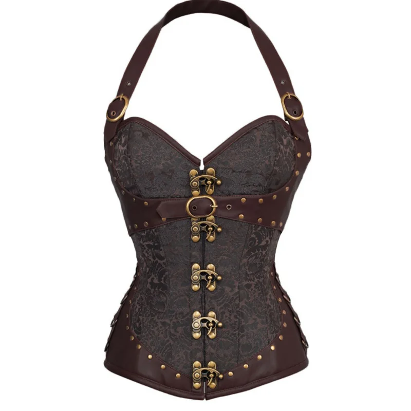 

Women's Gothic Steampunk Corset Halter Straps Brown Steel Boned Vintage Sexy Underbust Corsets Leather Waist Slim Corset Vest