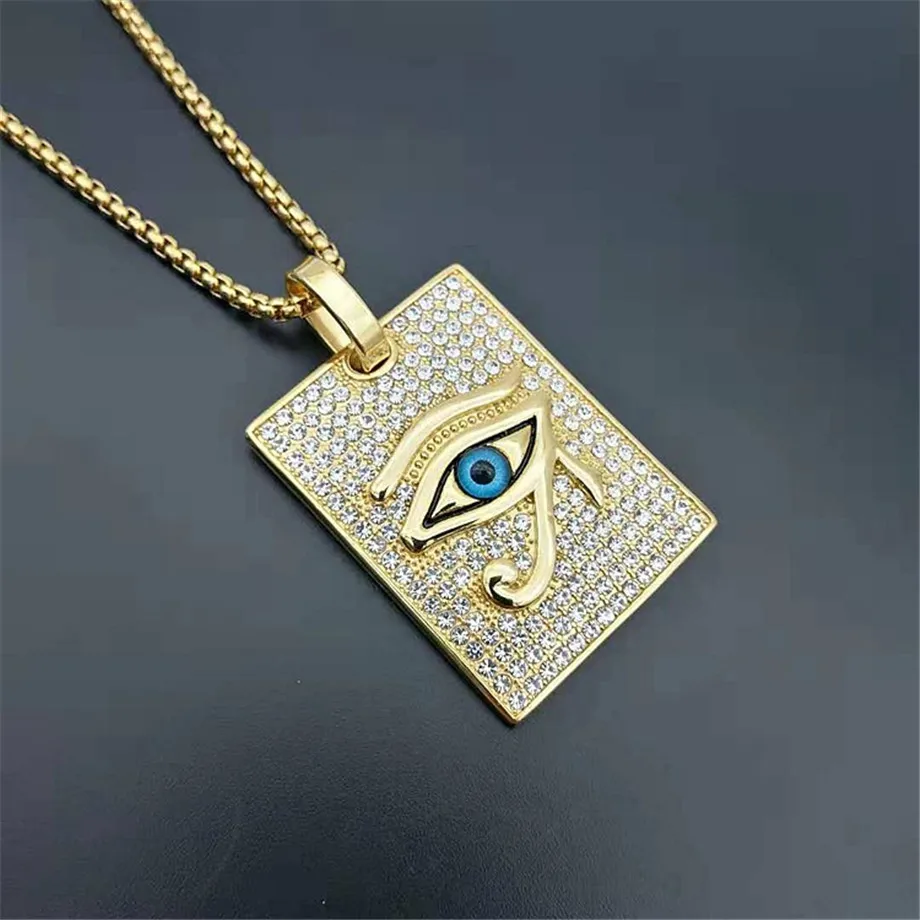 Ancient Egypt The Eye Of Horus Pendant Necklaces Gold Color Stainless Steel Square Necklaces Iced Out Bling Jewelry Dropshipping