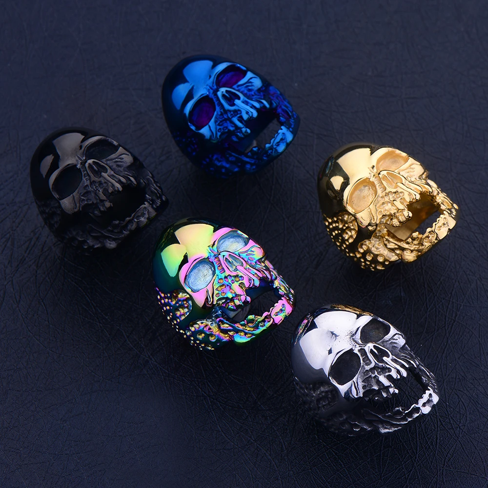 Hot Sale Titanium Steel Gold Black Blue color Zombie Skull Finger Ring Punk Rock Men\'s Stainless Steel Jewelry Halloween Gift