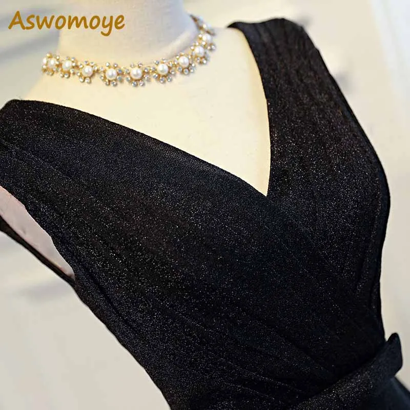 Aswomoye-Vestido de noche brillante para mujer, ropa de fiesta Formal con cuello en V, Sexy, con fajas, color negro, Otoño, 2018