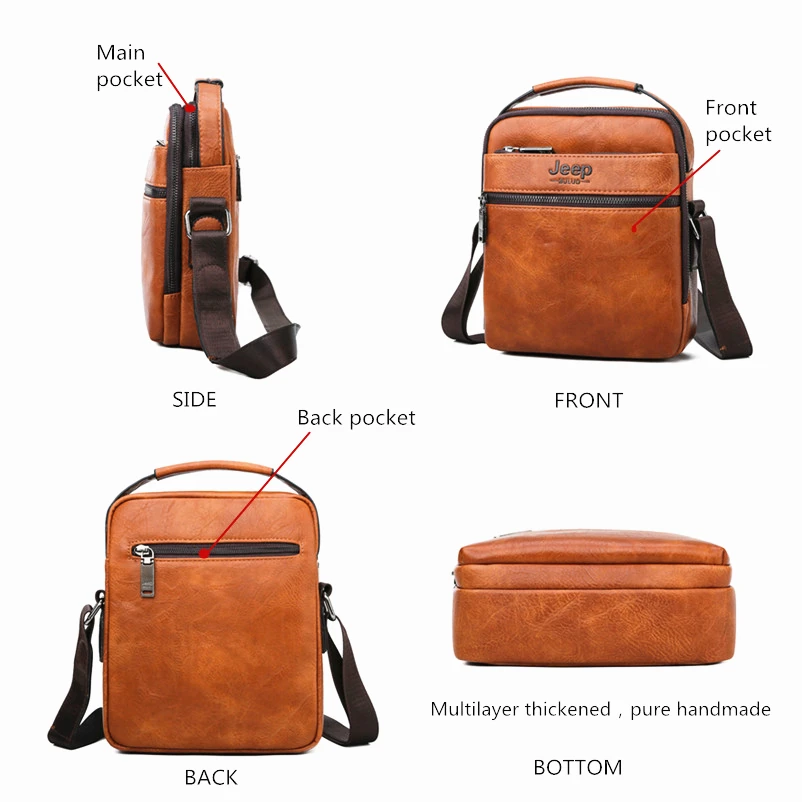 JEEP BULUO Men Bag Famous Men Shoulder Messenger Bags Split Leather Designer Crossbody Tote Men Fashion Business High Quality