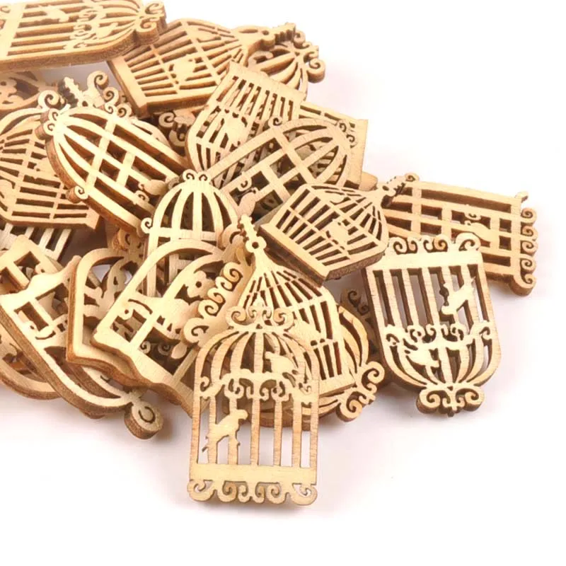 25pcs Wooden Crafts creativity hollow out birdcage Pattern Scrapbooking Crafts wood decoration for Home Decoration m0833X