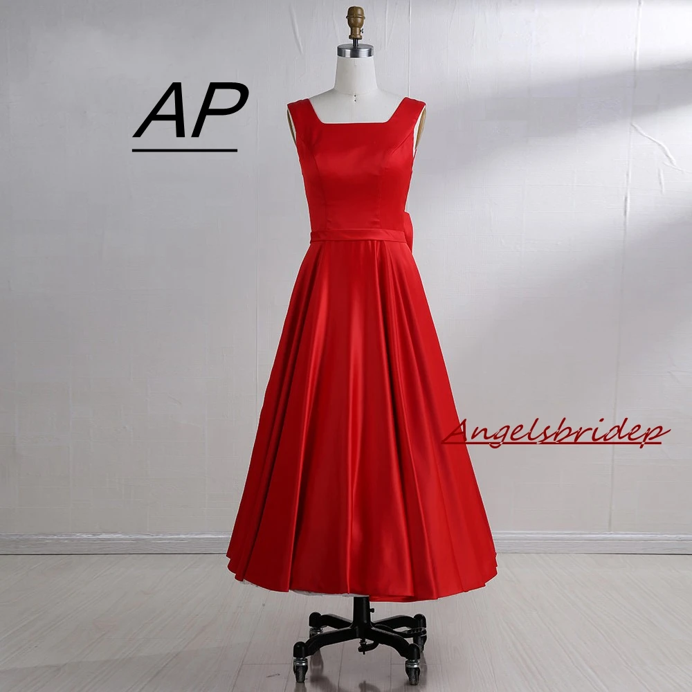 

Retro 1950's Square Collar Red Prom Dresses 2021 Vestido De Festa Sexy Backless Tea-Length Satin Special Occasion Party Gowns