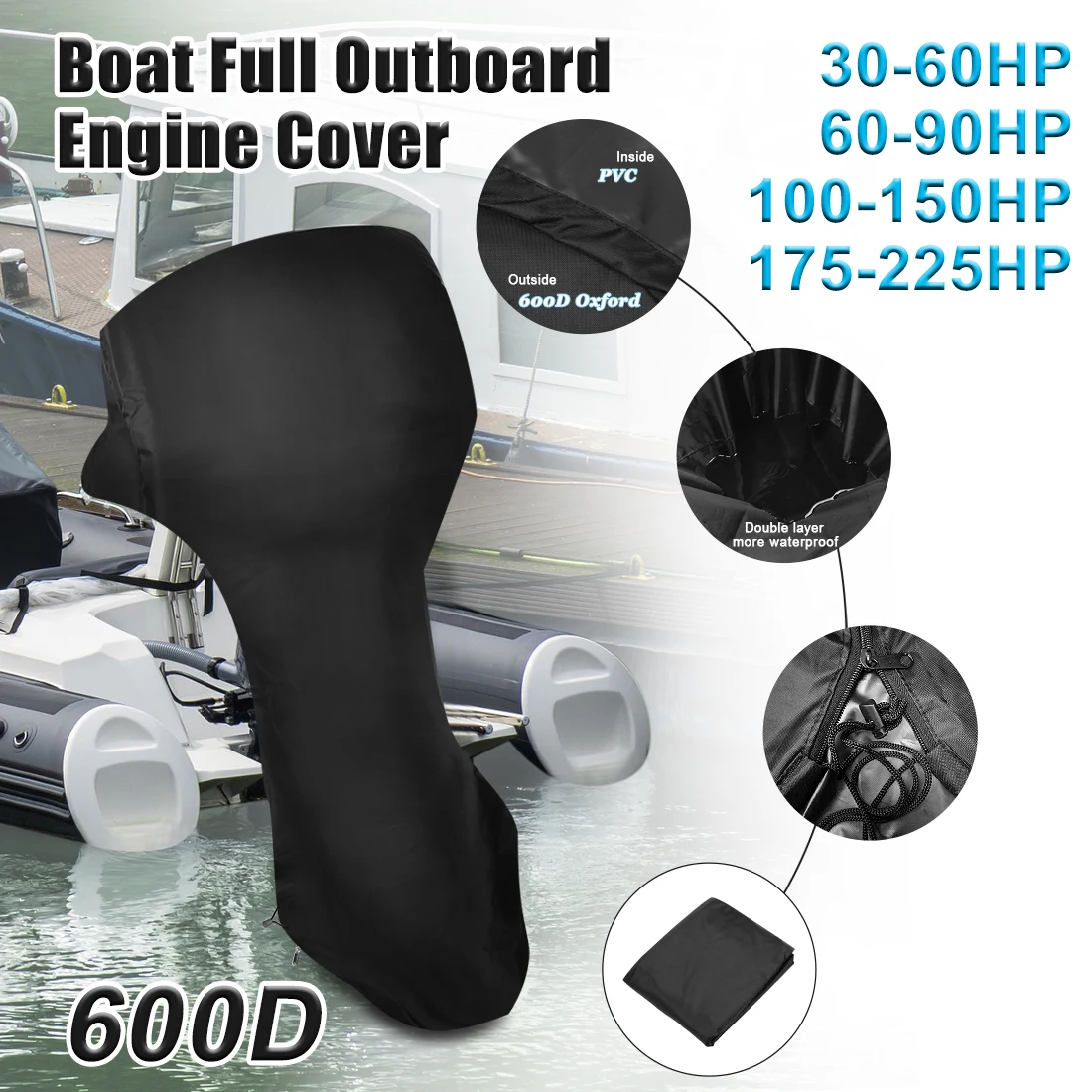 X Autohaux 600D Oxford Cloth PVC Full Boat Motor Cover Outboard Waterproof  Dust Rain UV Resistant Engine Protector 30-225HP