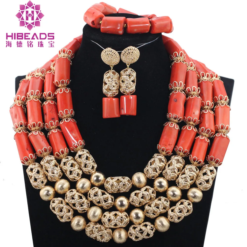 Real Coral Gold Accessory Dubai Party Engagement Fashion 4 Layers Coral Beads Necklace Jewelry Jewelry Set Free Shipping ABH418