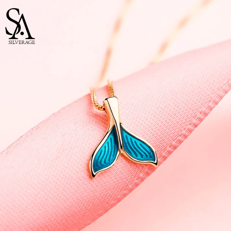 

SA SILVERAGE Gold Color Plated Chain Link Necklace Real 925 Sterling Silver Blue Color Mermaid Tail Pendant Necklaces 925 Silver