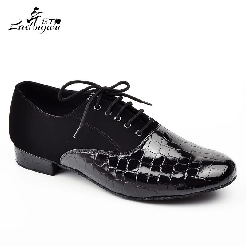 Ladingwu Modern Crocodile texture PU and Flannel Dance Shoes Men Black Soft Bottom Ballroom Dance Competition Shoes 2.5/4.5cm