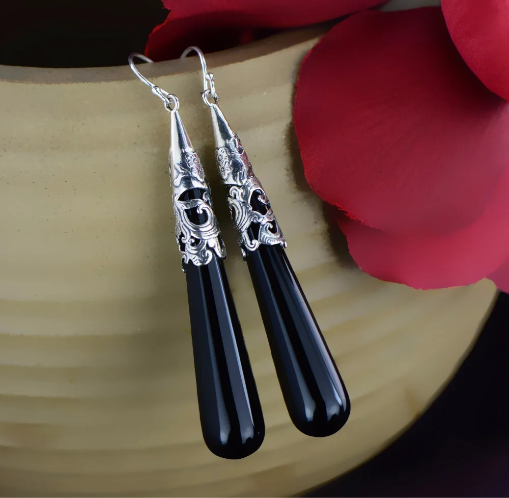 S925 Sterling Silver Jewelry Wholesale Retro Fashion Long Section of Black Onyx Teardrop-Shaped Earrings Female Shipping