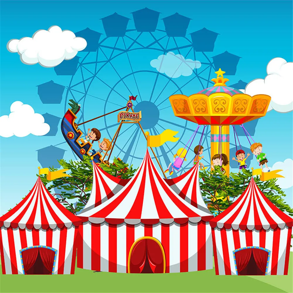 

Circus Birthday Party Photography Backdrop Printed Blue Sky Clouds Cartoon Amusement Park Baby Kids Children Photo Backgrounds