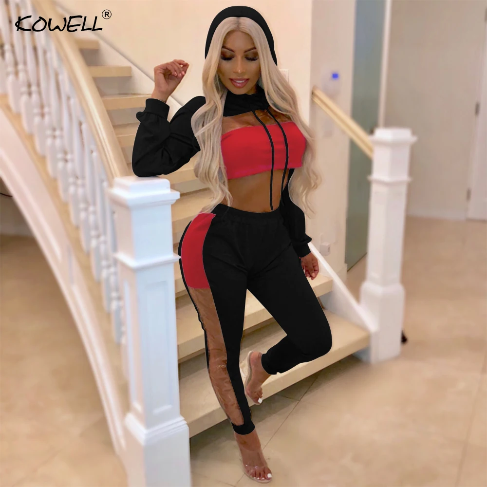 Autumn Women Two Piece Set Splice Color Sexy Perspective Hooded Crop Tops Sweatshirts+Long Pant Ladies Suit Tracksuit Women