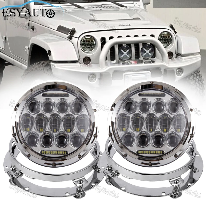 75W 7 inch Headlight Hi/Lo Beam 6000K LED Round headlamp white Angel eye +7'' headlight Bracket Ring for jeep Wrangler