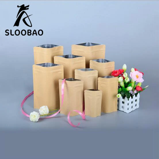 100pcs 20*30cm Zip lock Kraft Paper Window Bag Stand up Gift dried food fruit tea packaging Pouches Zipper Sel Sealing Bags Free