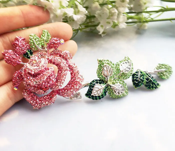 Pretty Pink Rose Flower Woman Brooch Pin Rhinestone Crystal Gifts