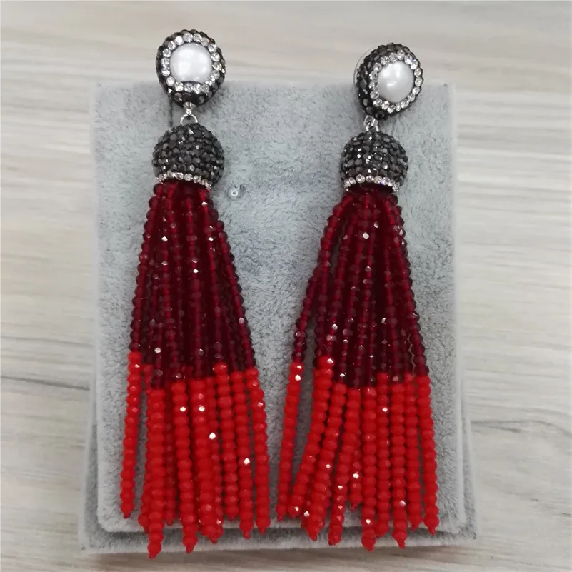 Bohemia Wedding Party Statement Jewelry 2mm Wine Red Black Beads 12 Rows Joint Combine Beaded Tassels Dangle Earrings For Women