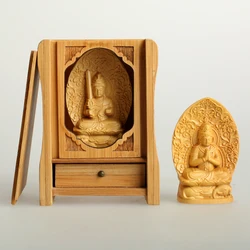 Portable Bamboo Travel Prayer Box Shrine Set with Wood Carved Manjushri Statue & Separate Praying Buddha Figurine Zen Buddhist