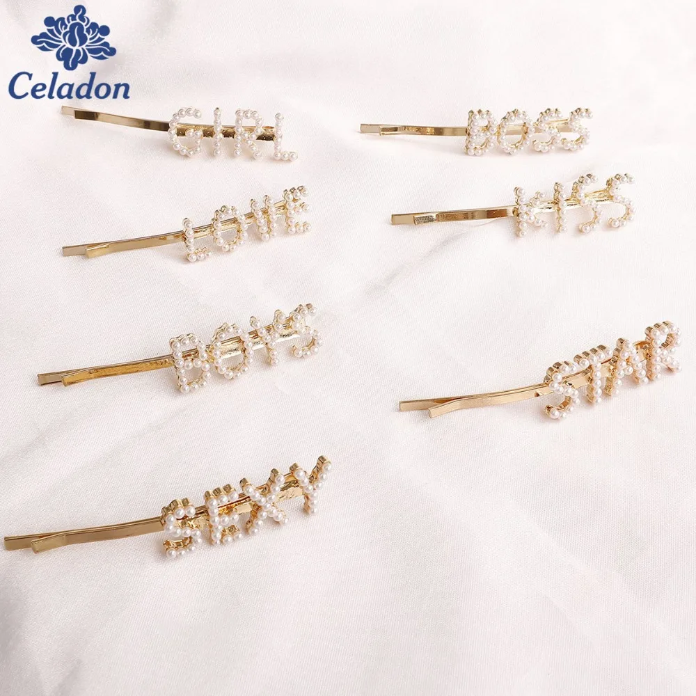 Fashion Imitation Pearl Hollow English Letter Hairpin Girl Clip Bangs Word Clips Hair Accessories