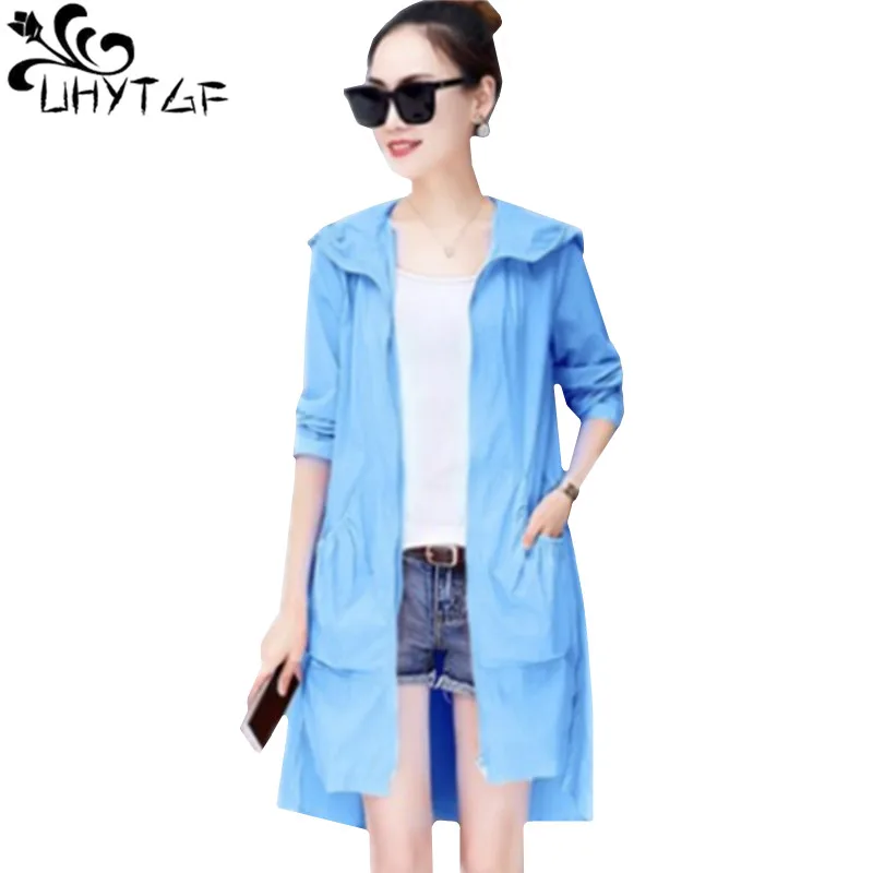 

UHYTGF Mid-length Hooded Summer Sun Protection Clothing Anti-UV Loose Women Big Size Coat Solid Color Breathable Thin Coat 420