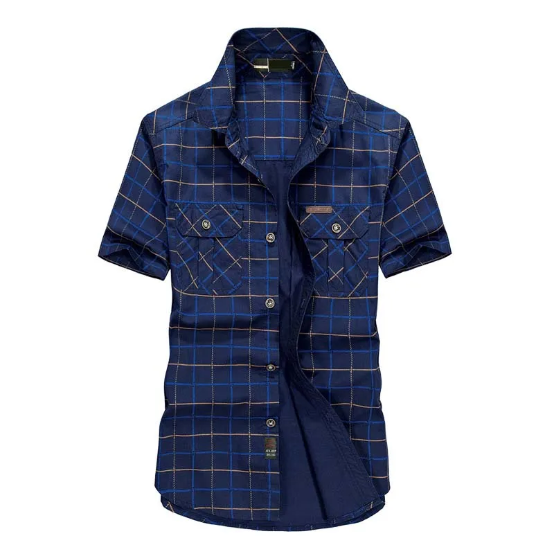 Summer Shirt Mens Short Sleeve Shirts High Quality Cotton Male Plaid Shirt 2 Pockets Plus Size M-5XL Man Clothes