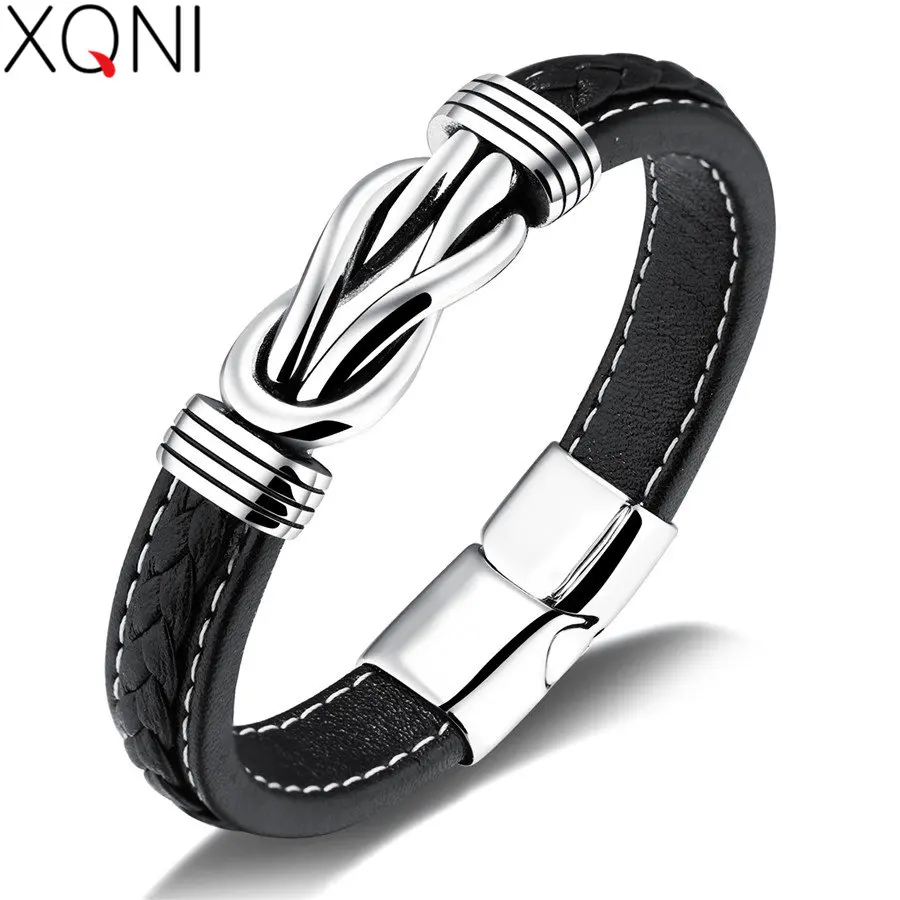 

XQNI Genuine Leather Unique Knot Shape Men Bracelets White Stitch Line Design Magnet Buckle Male Wrap Birthday Party Gift