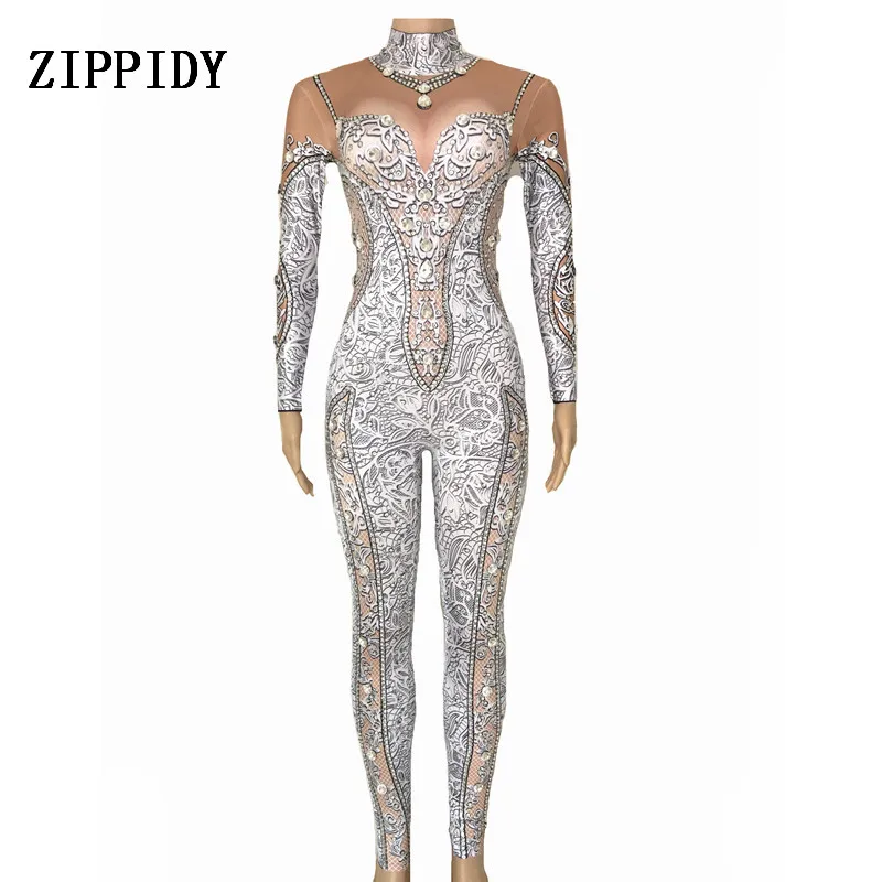 Sparkly Crystals Jumpsuit Sexy Stones Stretch Bodysuit Women\'s Stage Performance Celebrate luxurious Costume Dance Rompers