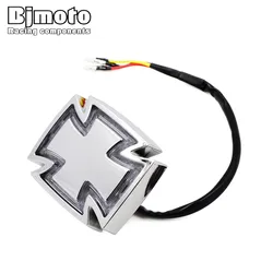 BJMOTO Motorcycle LED Brake Stop Tail light 12V Cross Crucifix License Plate LED Light for Harley Chopper Bobber Cafe Racer