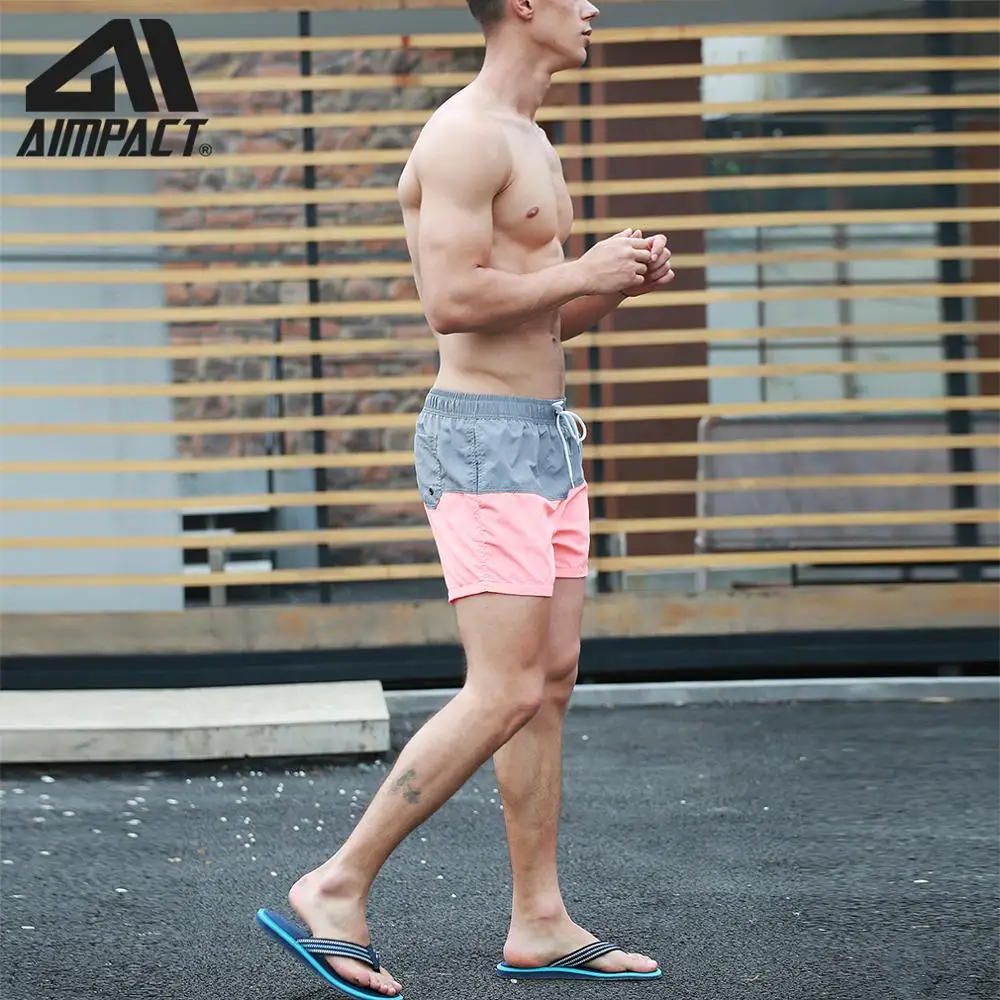 Aimpact Fast Dry Mens Board Shorts with Lining Sexy Patchwork Drawstring Surf Swim Trunks Beachwear Sport Running Hybrid Shorts