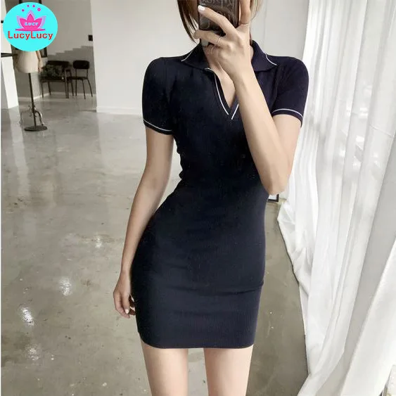 2021 summer Korea Dongdaemun sexy slim slimming knit bag hip short-sleeved dress women's clothing Turn-down Collar  Cotton