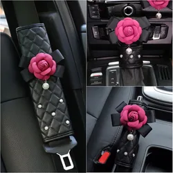 Creative Pearl Camellia Flower Car Safety Seat Belt Cover Shoulder Pad Car Styling Women Auto Seatbelt Gear Shift Covers