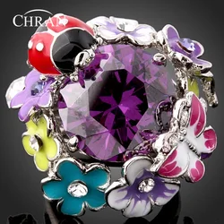 CHRAN Classic Silver Plated Enamel Flower Crystal Wedding Rings for Women Lovely Butterfly Cubic Zirconia Ladies Promised Ring