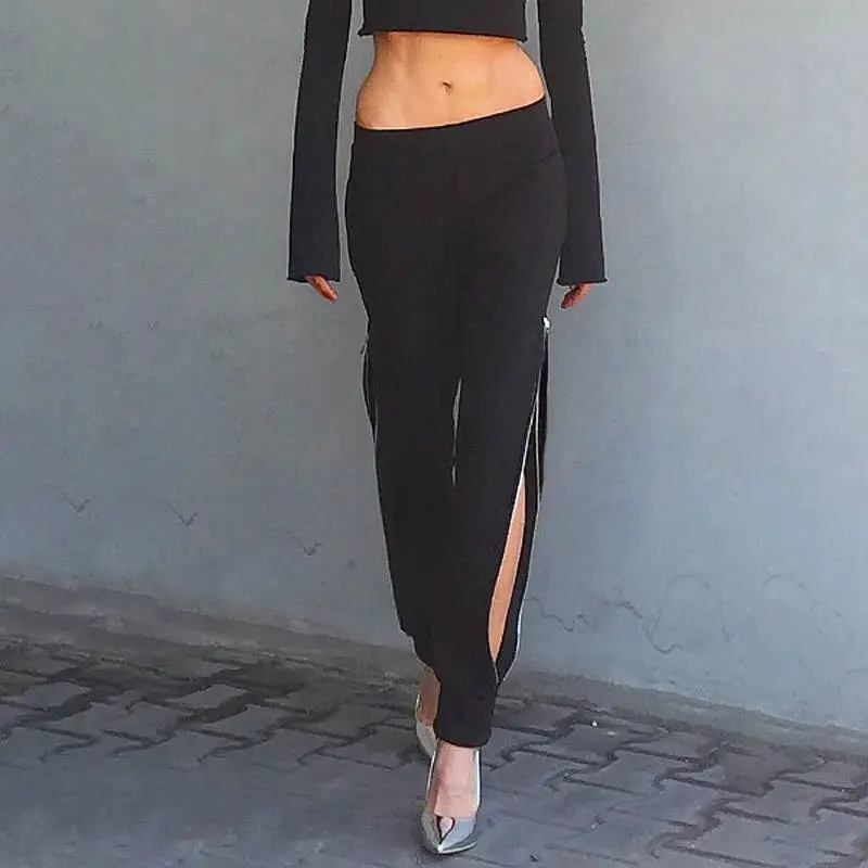 Women Sexy High Zipper Split Mid Waist Wide Leg Pants Autumn Elastic Woman Trousers Casual Black  Long Loose Harem Pencil Pants
