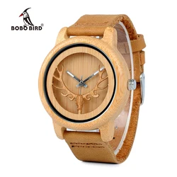 BOBO BIRD Bamboo Watch Men Wood Quartz Wristwatches With Deer Buck Head Design Real Leather Band Customize Relogio Drop Shipping