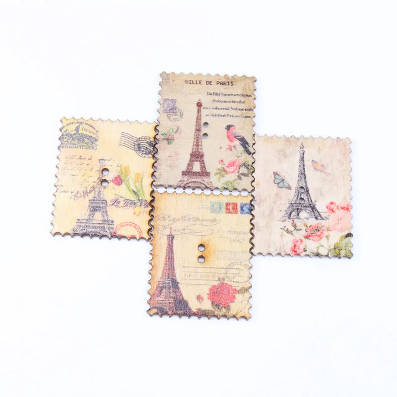 Mix Iron Tower Postage Stamp Pattern Wooden Buttons Handmade Accessories Sewing Scrapbooking Crafts DIY 30x37mm 20pcs