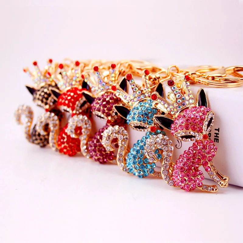 Fashion Creative Lovely Crystal Crown Fox Car Pendant Keychain For Women Bag Keychains Rhinestone Car keyrings Gifts Jewelry