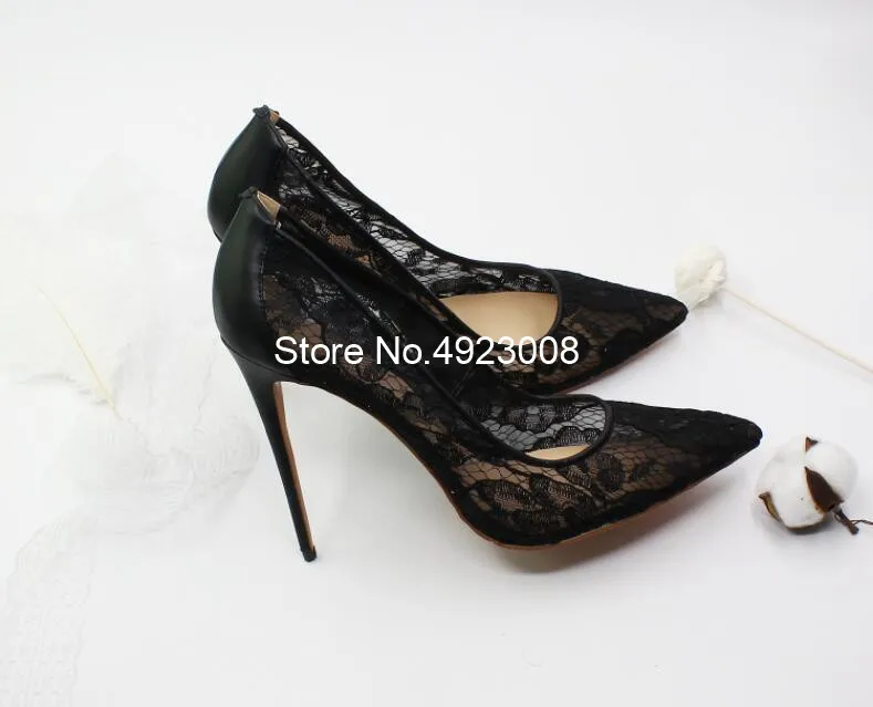 Super High Heel White Pumps Lace Women High Heel Shoes Hollow Pointed Toe Wedding Shoes Big Size 46 Black Sexy Heels Dress Shoes