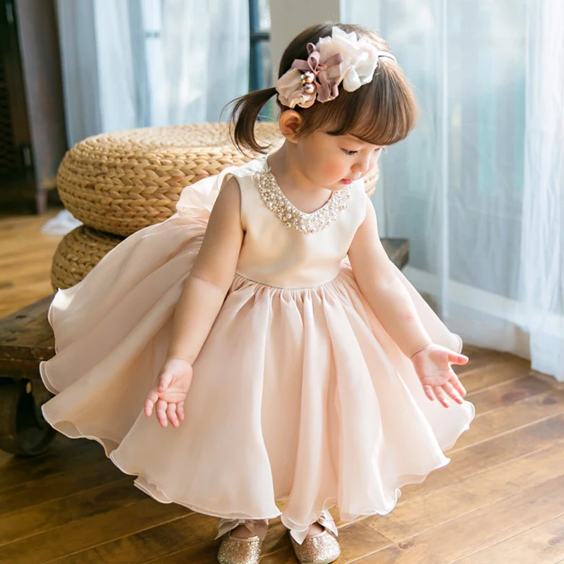 IYEAL New Fashion Sleeveless Children Girl Dress Beading Kids Girl Christening Gown Birthday Party Dress For Baby Baptism