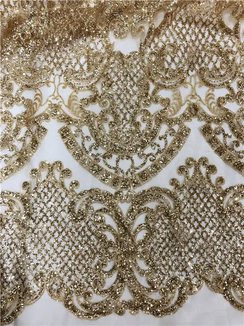 

2018 new stock 5 yards mesh gold glitter hand print glued glitter african lace for bridal wedding dress H-181035